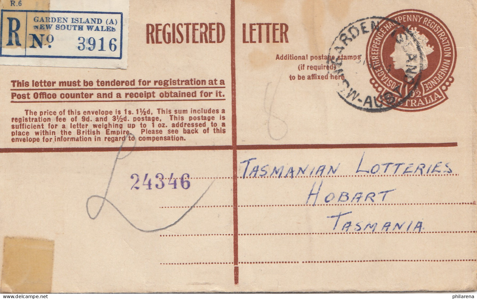 Australia Registered Letter 1954 Garden Island To Tasmania - Autres & Non Classés