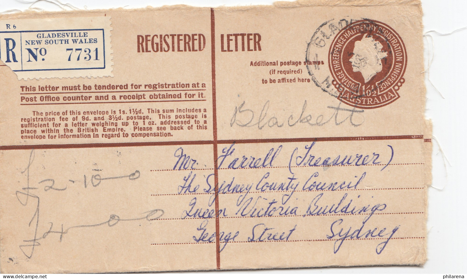 Australia 1956: Registered Letter Gladesville To Sydney - Other & Unclassified