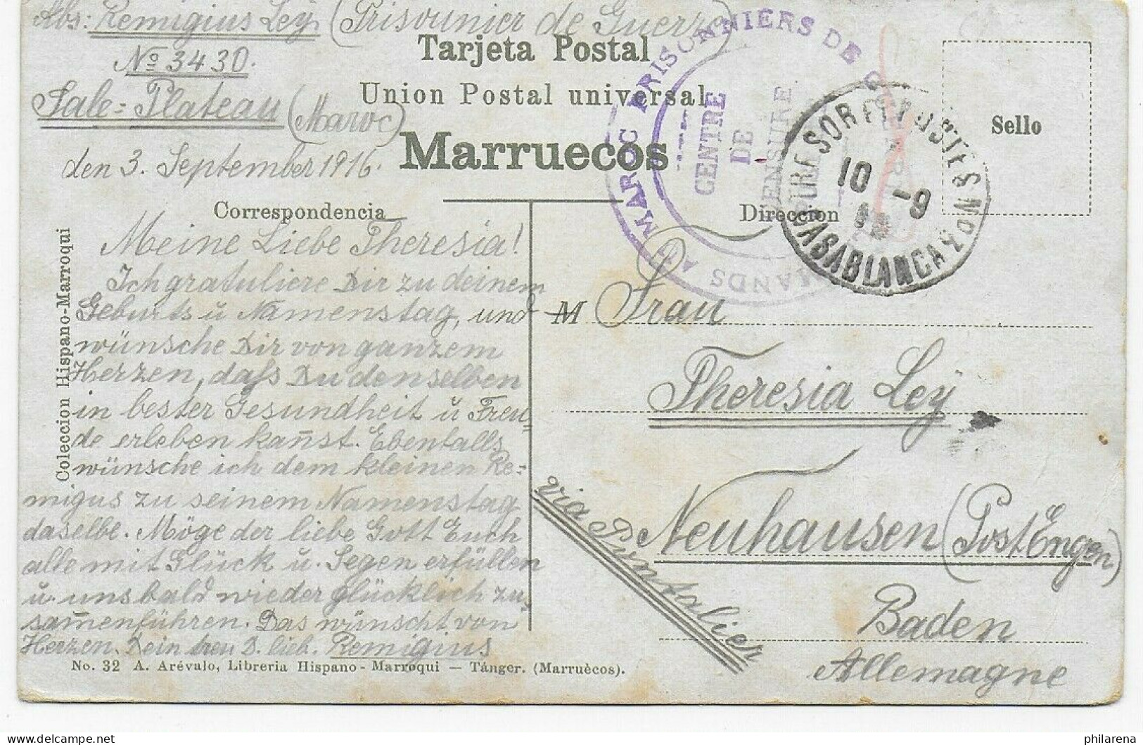 Ansichtskarte Tanger, Feldpost 1. WK Casablanca Nach Neuhausen/Baden 1916 - Feldpost (postage Free)
