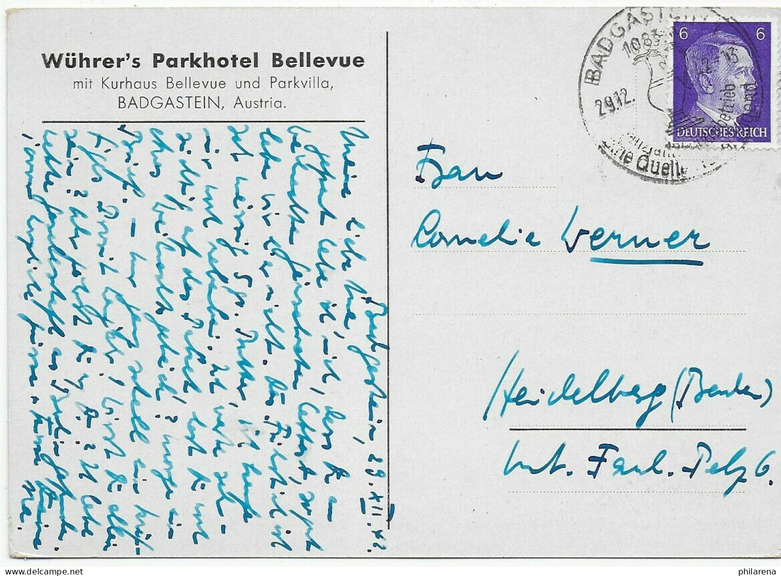 Hotelkarte Parkhotel BadGastein Mit Sonderstempel, 1942 Nach Heidelberg - Briefe U. Dokumente