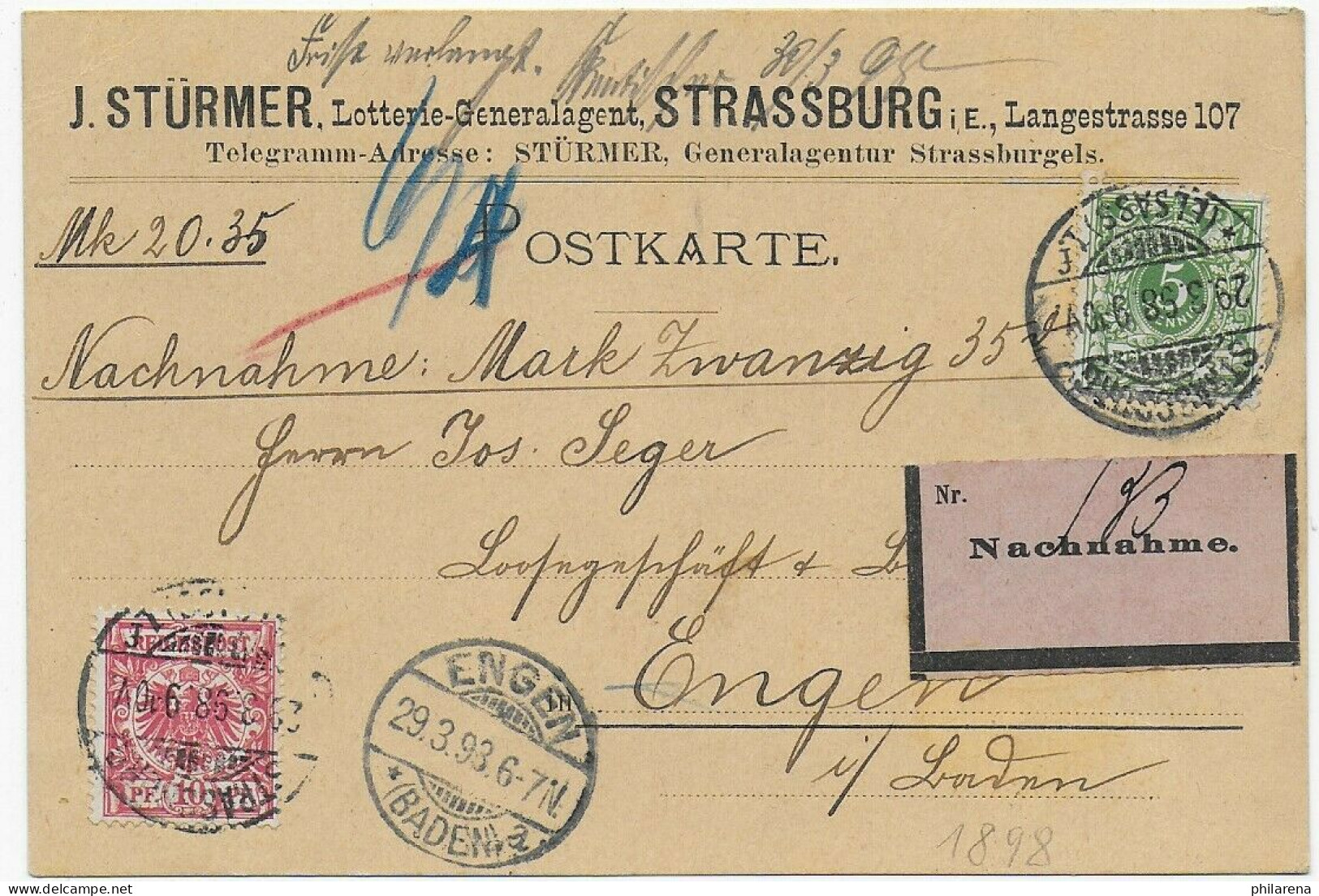 Nachnahme Postkarte Strassburg Nach Engen, 1898 - Covers & Documents