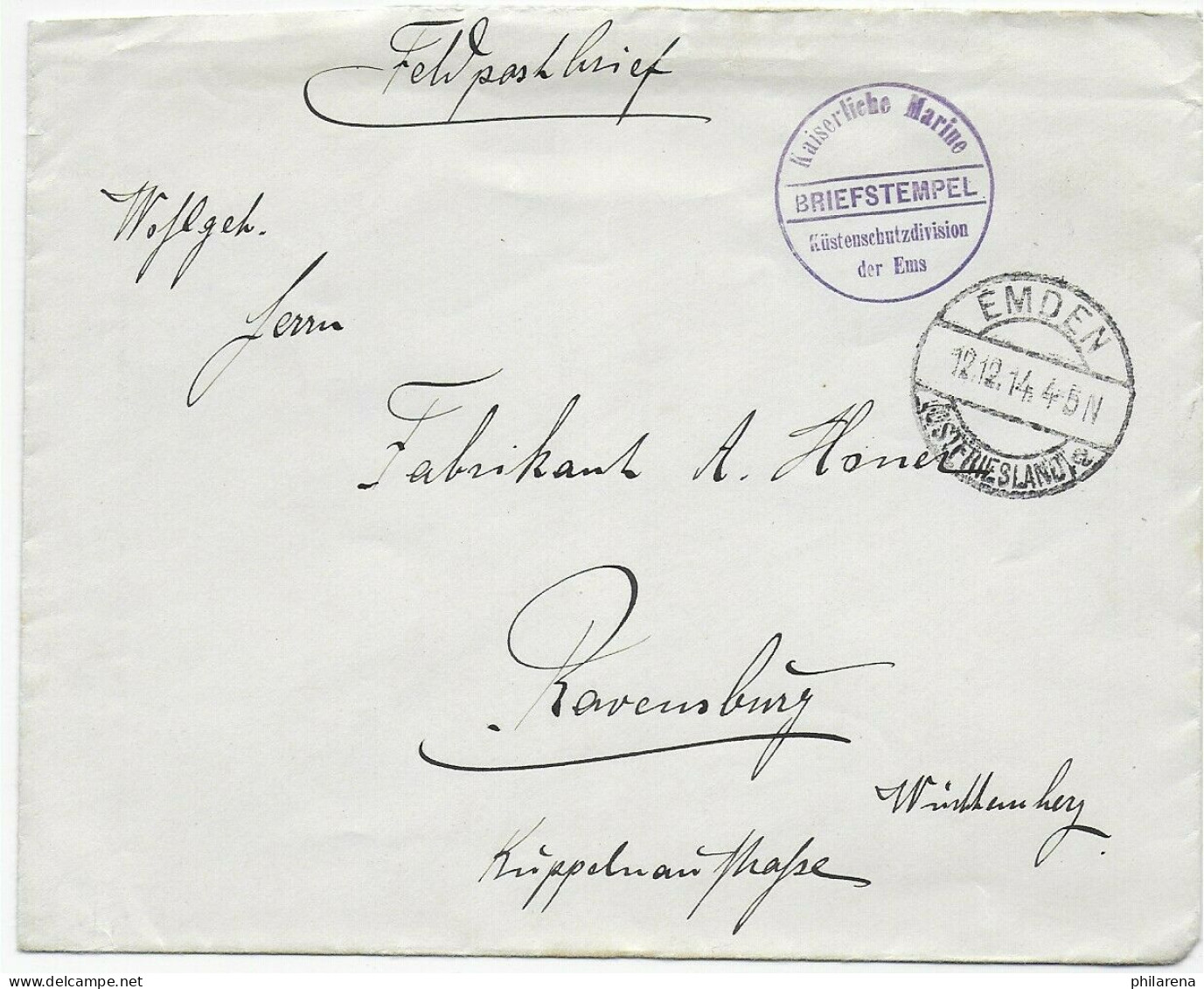 Feldpostbrief Kaiserliche Marine, Küstenschutzdivision Der Ems, Emden 1914 - Feldpost (franchise)