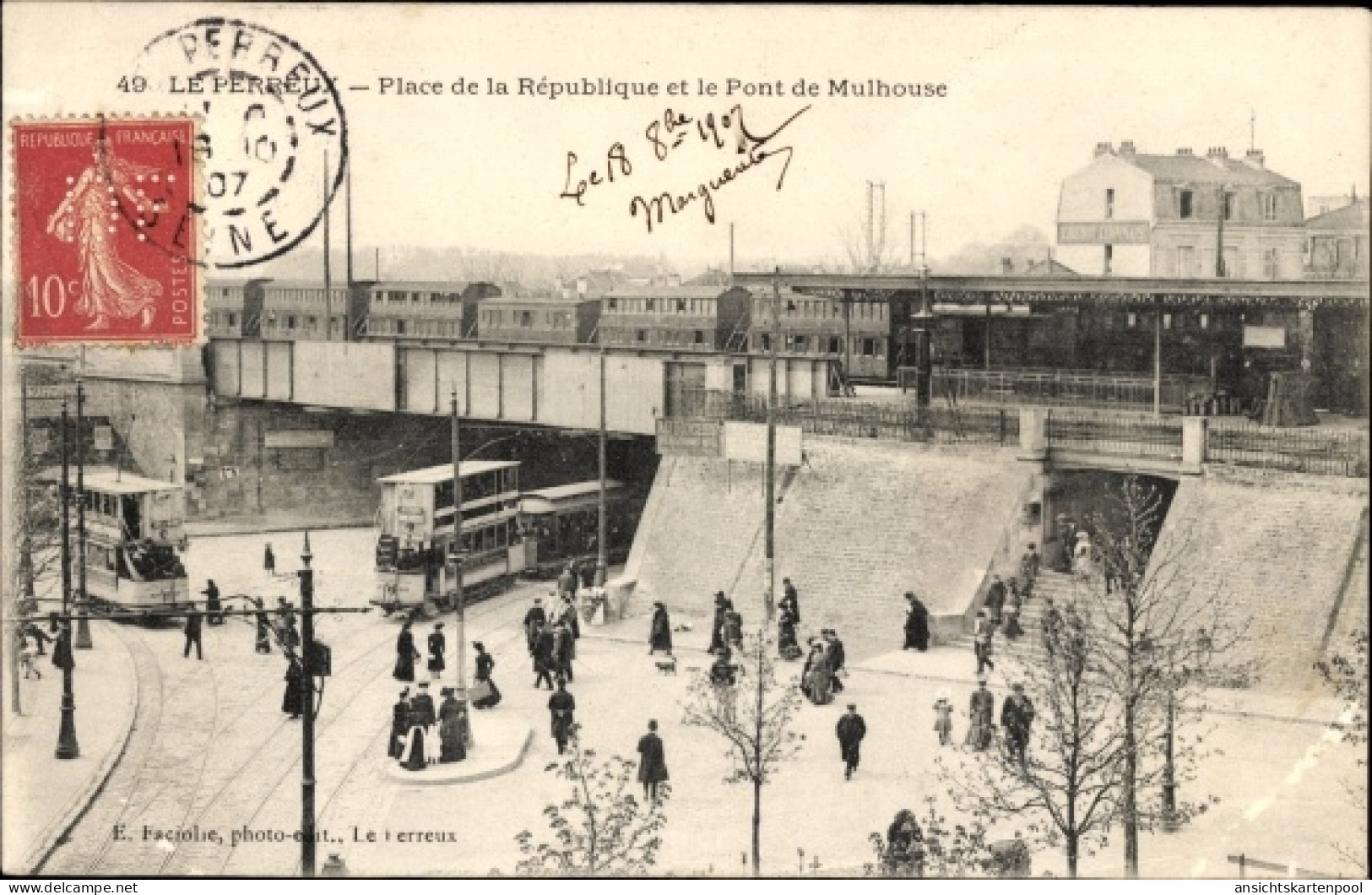 CPA Le Perreux Val-de-Marne, Place De La République, Mulhouse-Brücke, Bahnhof, Straßenbahnen - Autres & Non Classés