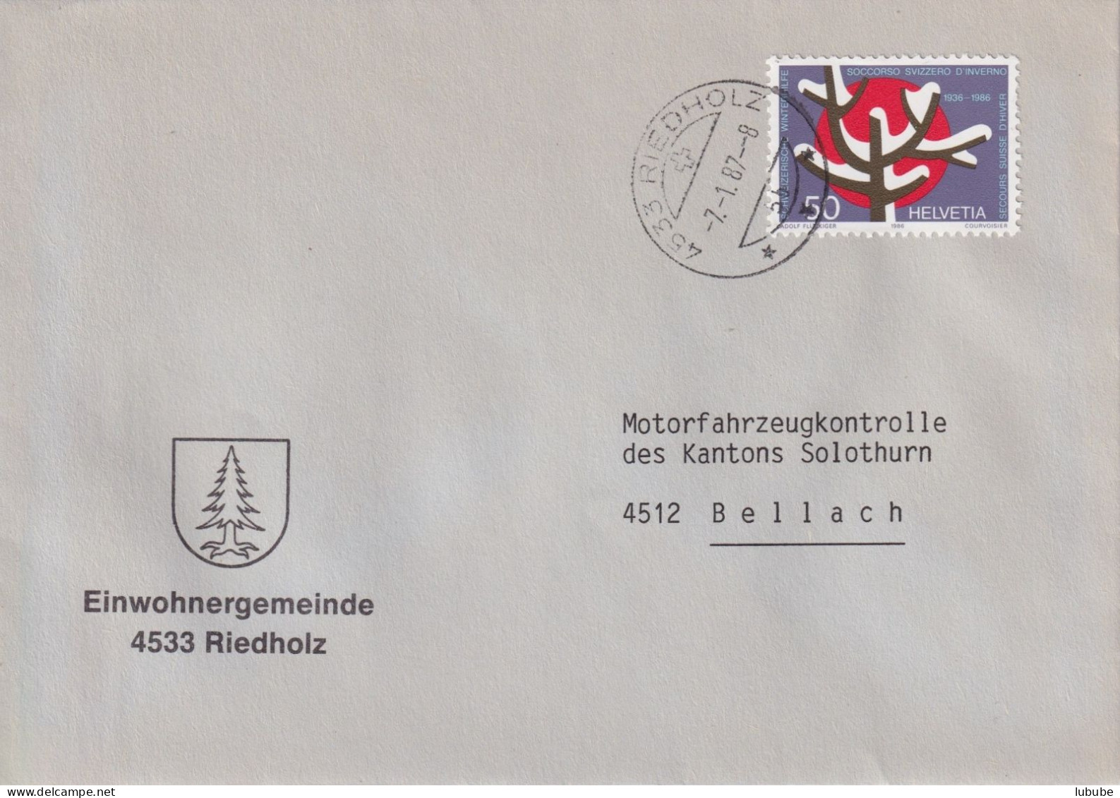 Motiv Brief  "Einwohnergemeinde Riedholz"        1987 - Brieven En Documenten