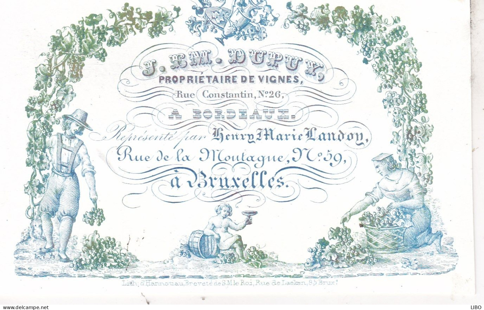 BRUXELLES BORDEAUX Vins DUPUY Rue De La Montagne Bruxelles Carte De Visite Format Porcelaine Années 1850-1860 - Cartes De Visite