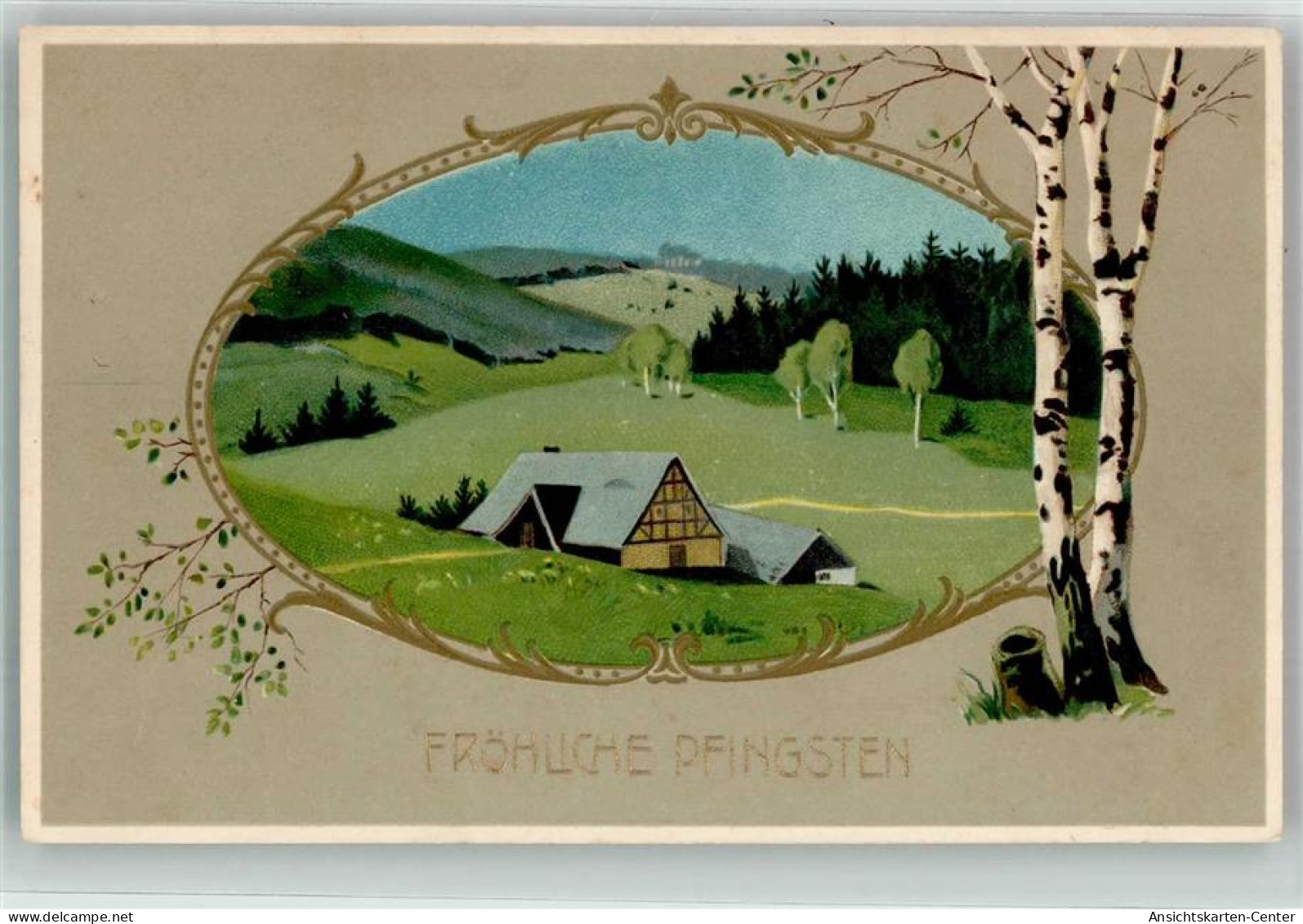 39599611 - Baeuerliche Fruehlingslandschaft Birken Jugendstil Lithographie - Pentecost