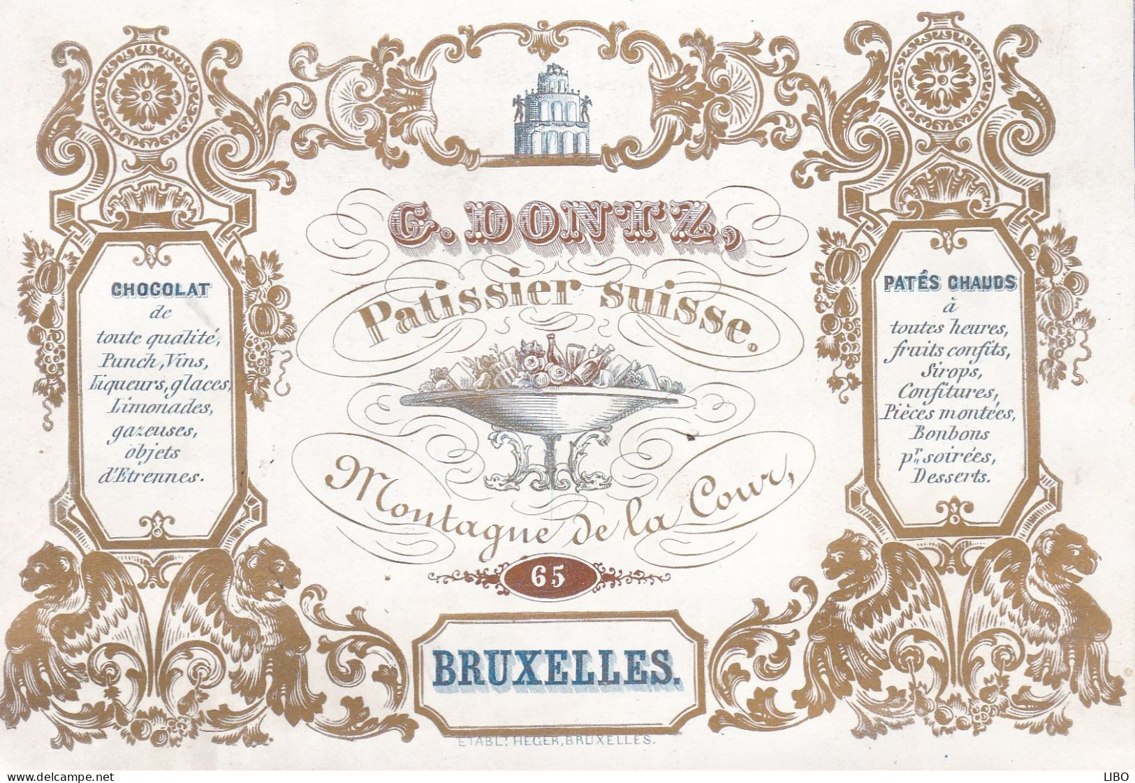Bruxelles Pâtissier Suisse DONTZ Montagne De La Cour Carte De Visite Porcelaine Format + Grand Carte Postale C. 1850 - Cartes De Visite