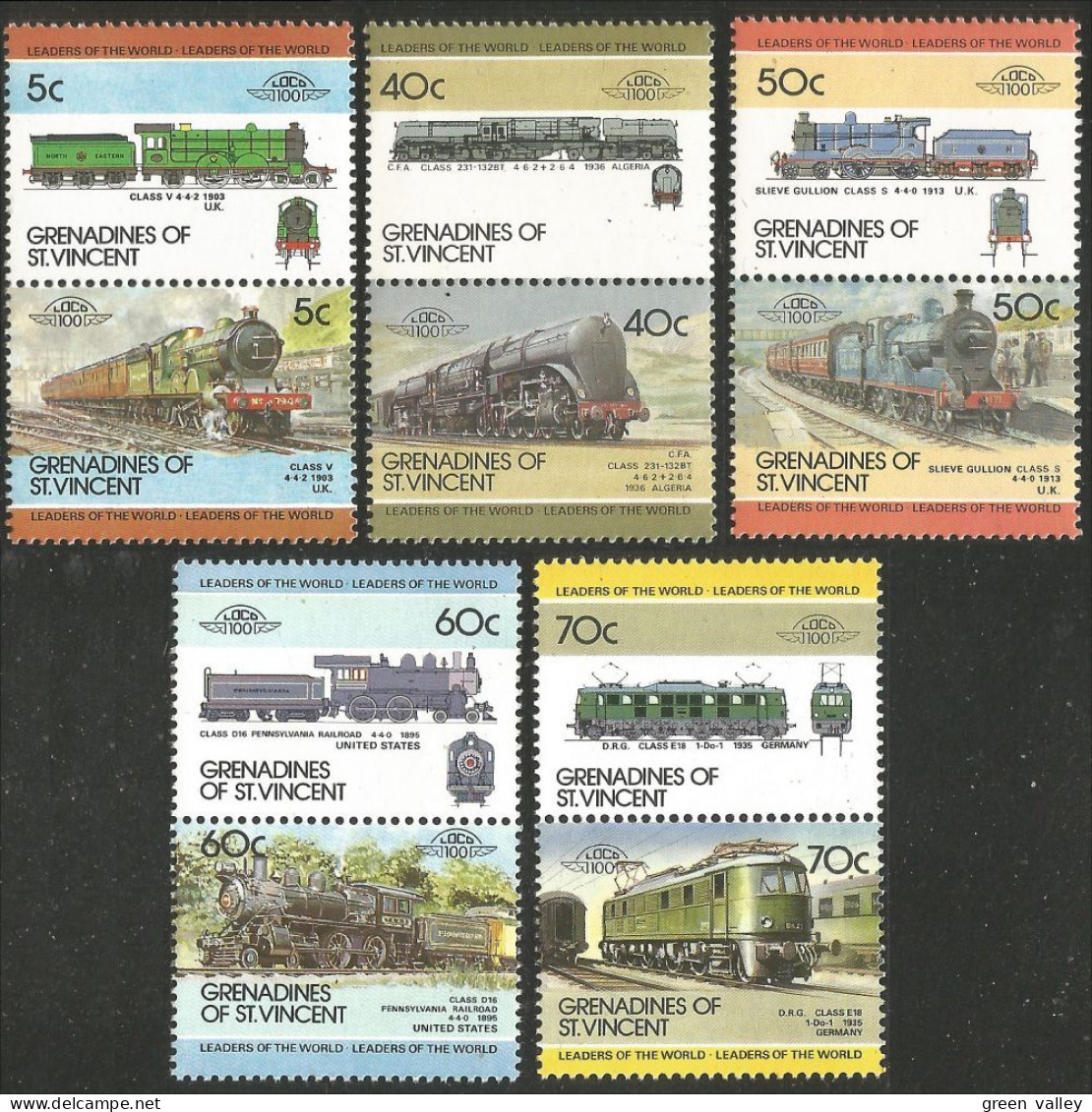 TR-159b Grenadines St Vincent Train Locomotive Lokomotive Zug Treno 10 Stamps MNH ** Neuf SC - St.Vincent & Grenadines