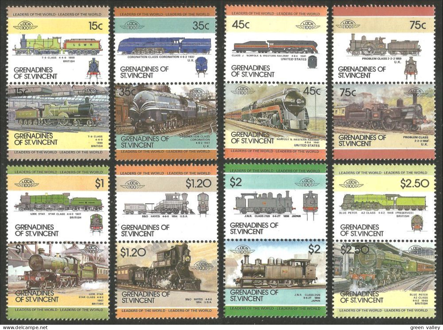 TR-157b Grenadines St Vincent Train Locomotive Lokomotive Zug Treno 16 Stamps Face $ 16.80 MNH ** Neuf SC - St.Vincent Und Die Grenadinen