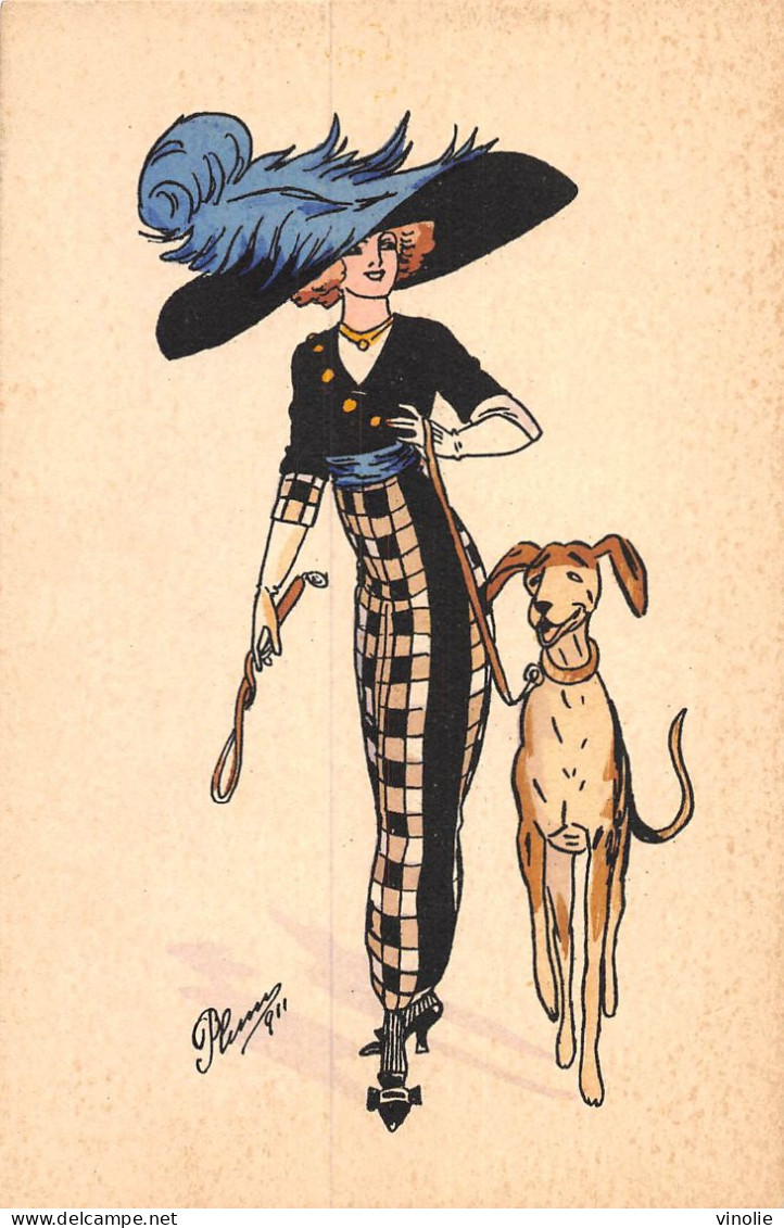 P-24-Mi-Is-2202 : CARTE ILLUSTREE PAR PLUM. JOLIE JEUNE FEMME AVEC CHAPEAU ET CHIEN - Autres & Non Classés