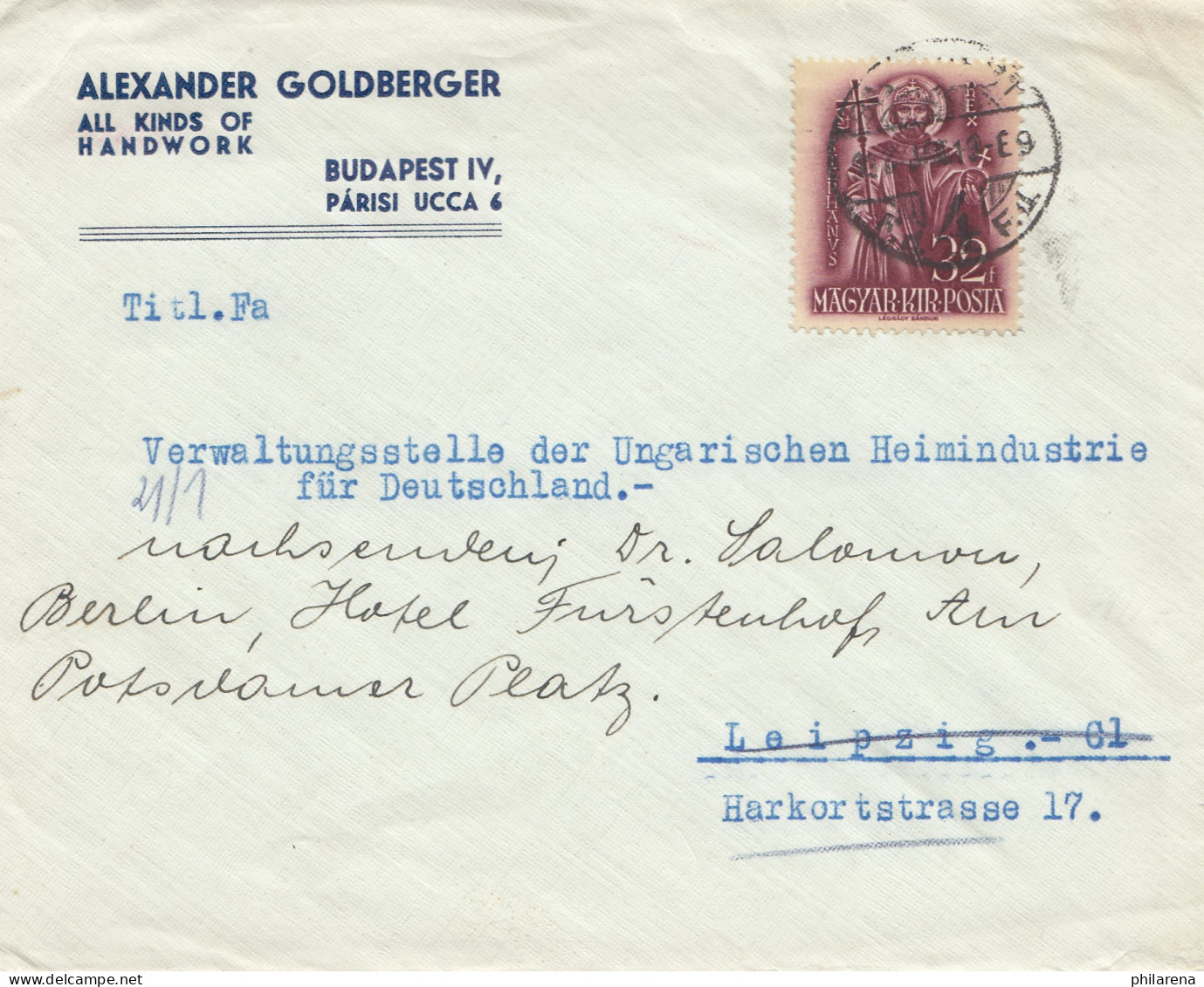 Ungarn: 1938: Budapest Nach Leipig - Altri & Non Classificati