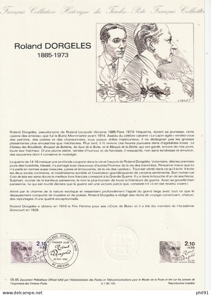 FRANCE    Document "Collection Historique Du Timbre Poste"    Roland Dorgelès     N° Y&T  2359 - Documents De La Poste