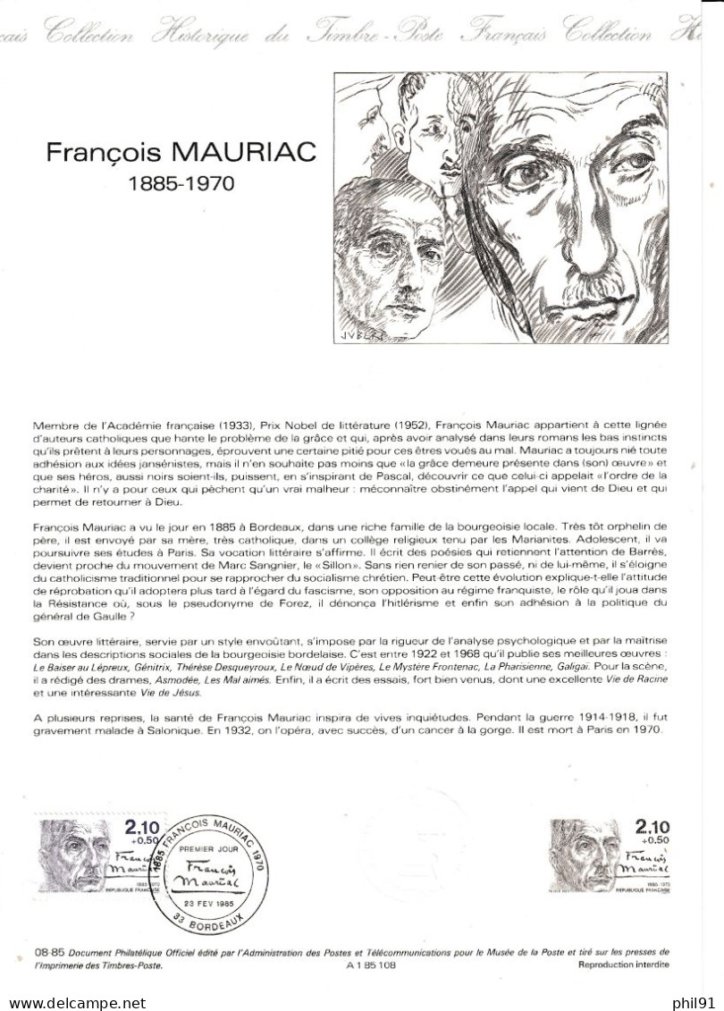 FRANCE    Document "Collection Historique Du Timbre Poste"    François Mauriac      N° Y&T  2360 - Documents De La Poste