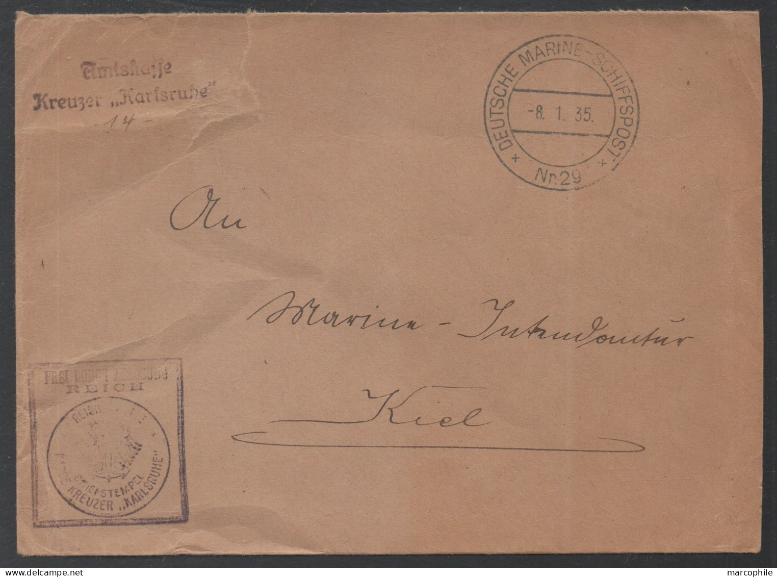 DEUTSCHE MARINE SCHIFFSPOST # 29 - KREUZER "KARLSRUHE" / 1935 BRIEF PORTOFREI ==> KIEL (ref 7693) - Lettres & Documents