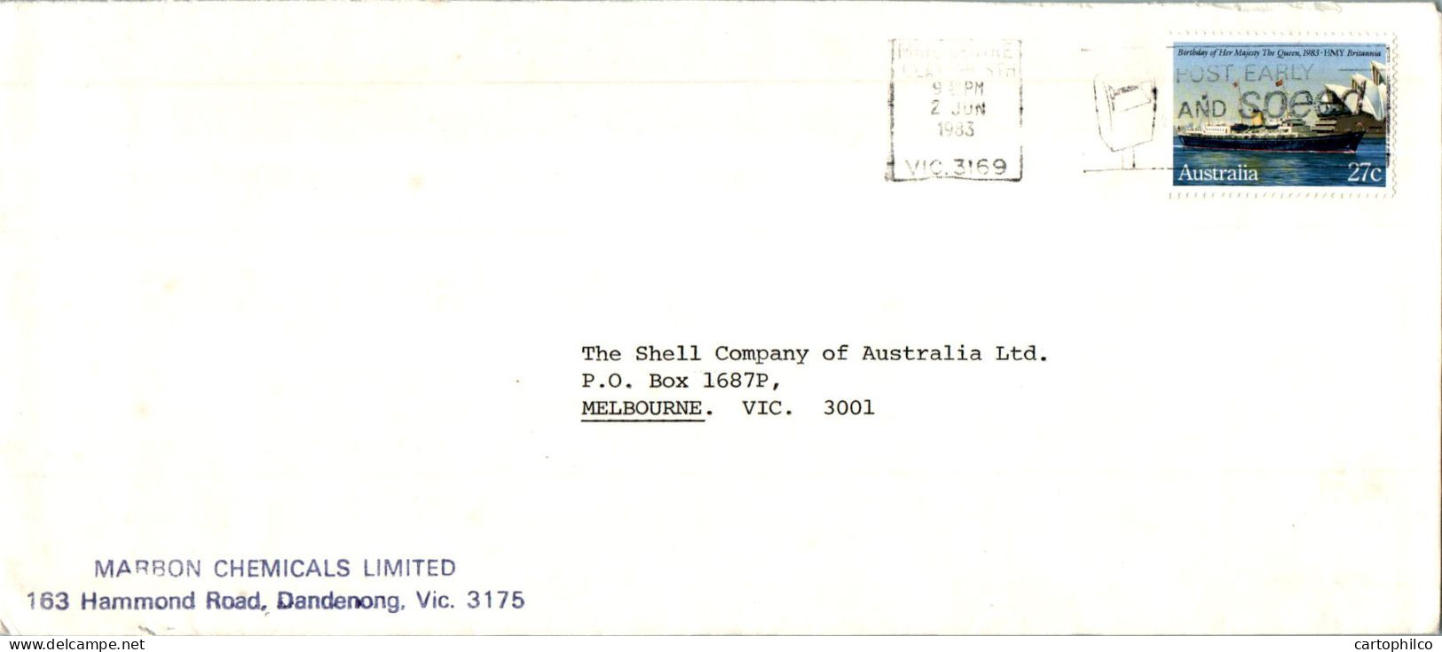 Australia Cover HMY Britannia Marbon Chemicals Dandenong  To Melbourne - Lettres & Documents