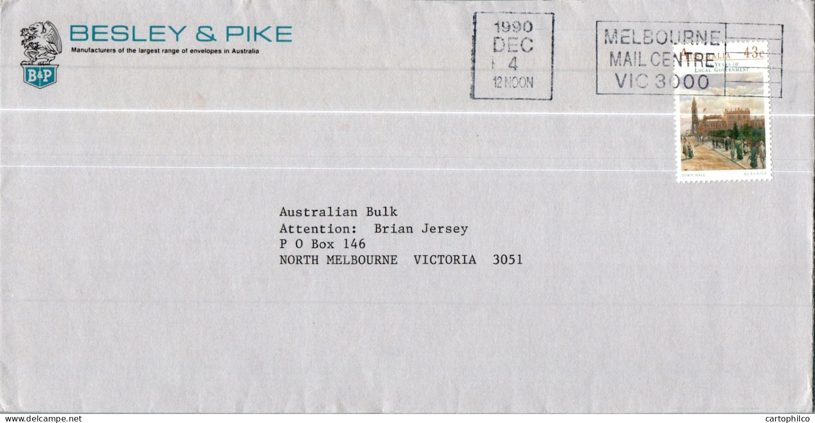 Australia Cover Town Hall Adelaide Besley & Pike To Melbourne - Lettres & Documents