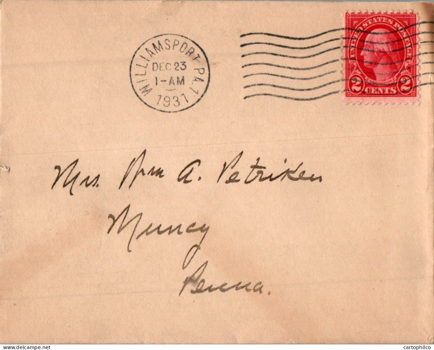 US Cover 2c Williamsport PA 1931 For Pa Christmas Label - Covers & Documents