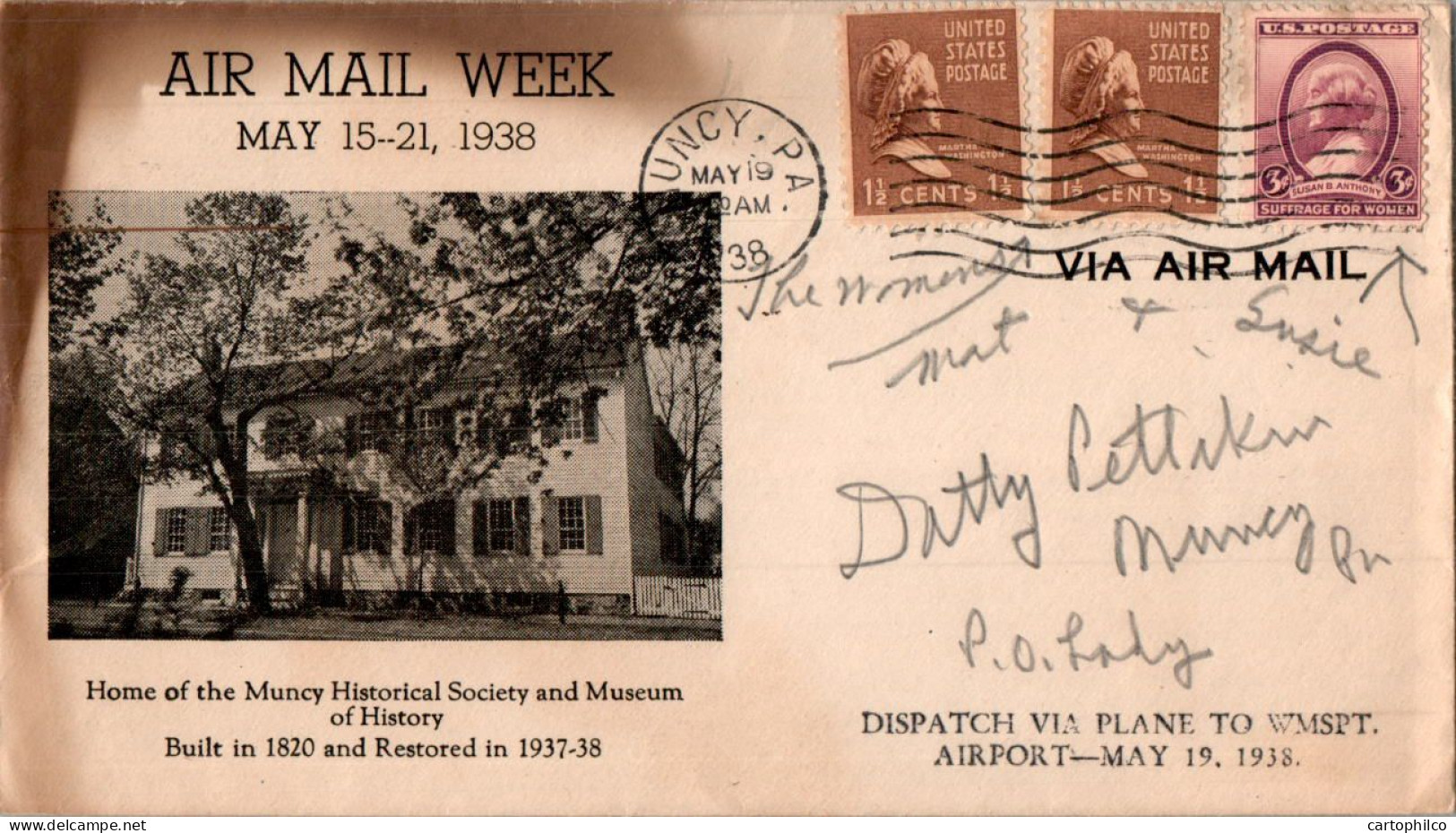 US Cover Air Mail Week Muncy Pa 1938 - Lettres & Documents