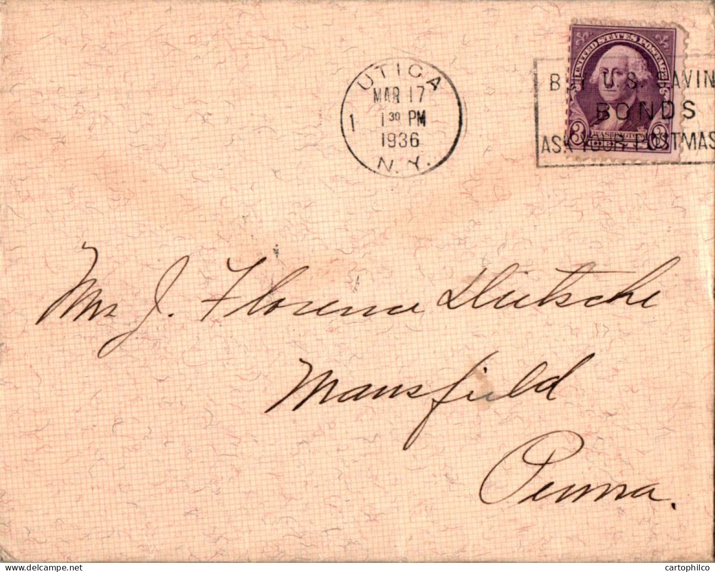 US Cover 3c Washington Utica NY 1936  For Mansfield PA - Lettres & Documents