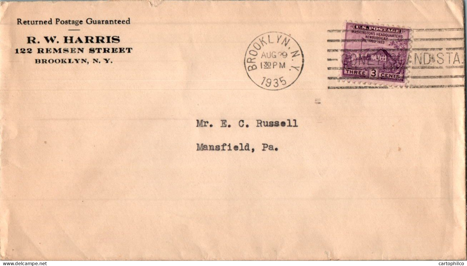 US Cover WAshington Headquarter Brooklyn 1935  For Mansfield PA - Covers & Documents