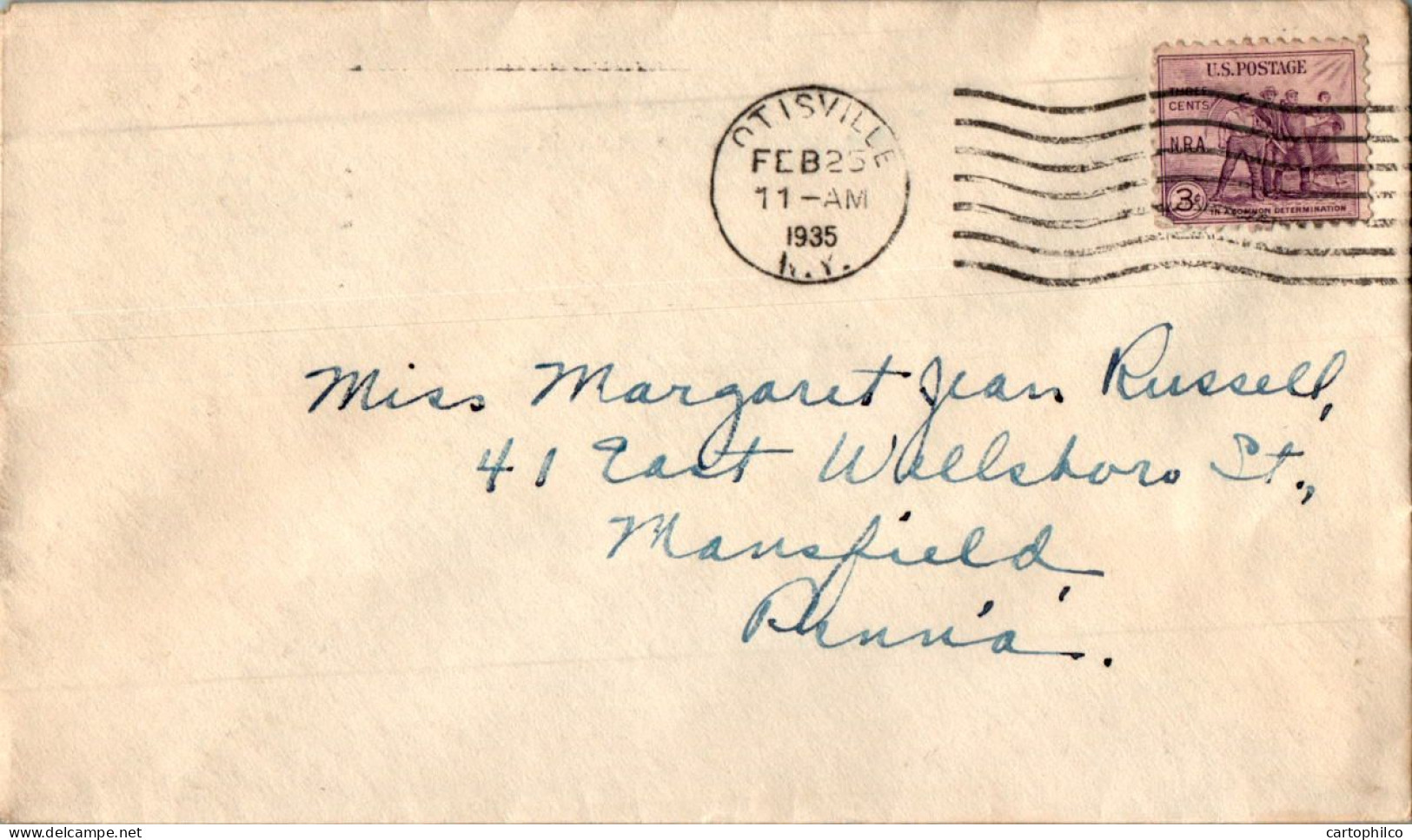 US Cover Determination 3c Otisville NY 1935  For Mansfield PA - Covers & Documents