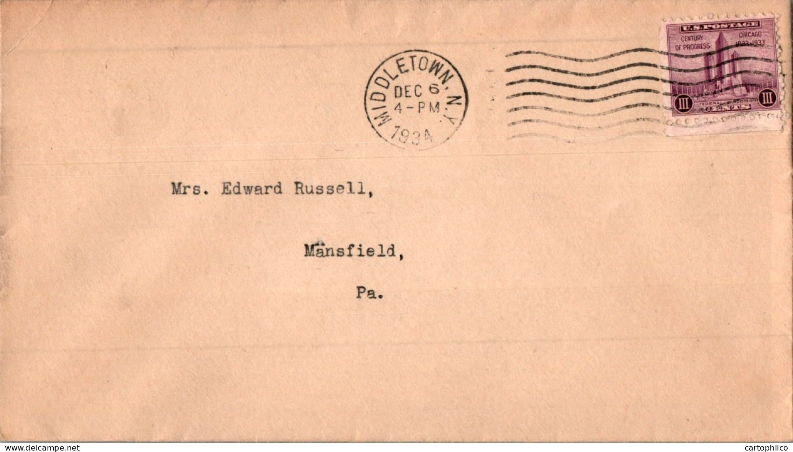 US Cover Chicago Middletown NY 1934  For Mansfield PA - Lettres & Documents