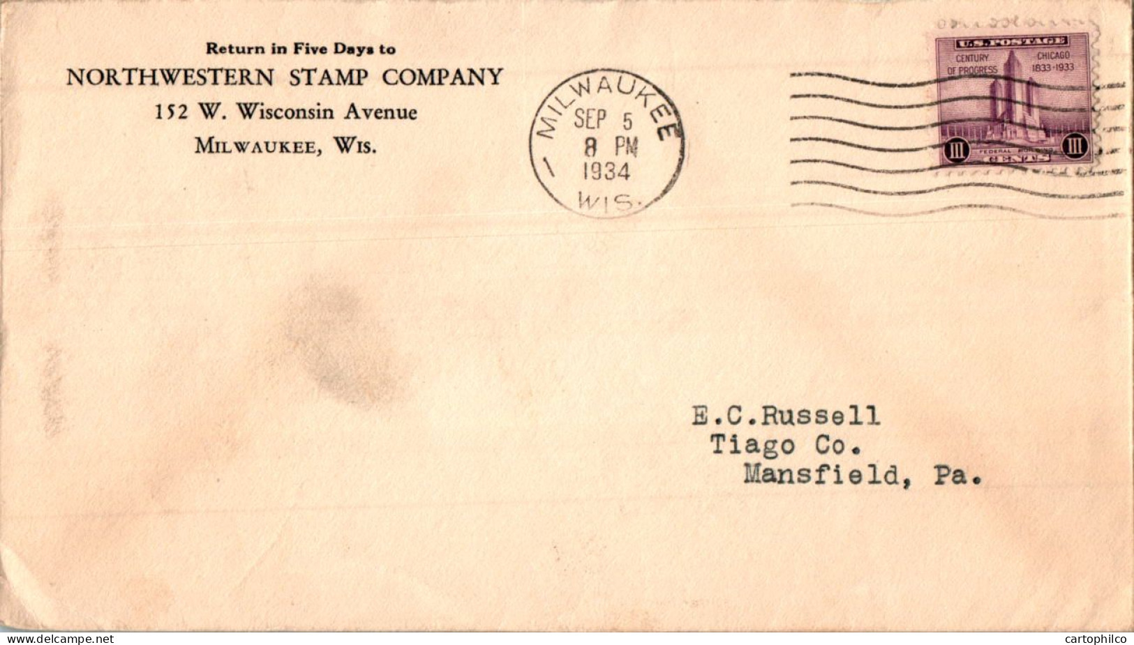 US Cover 3c Chicago Progress Milwaukee 1935  For Mansfield PA - Covers & Documents