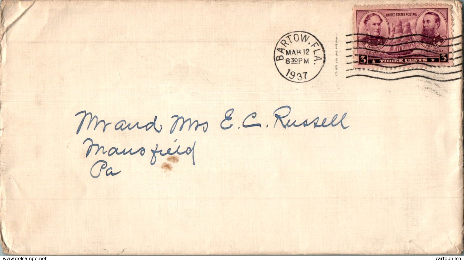 US Cover Hartford Boat Bartow FLA 1937  For Mansfield PA - Covers & Documents