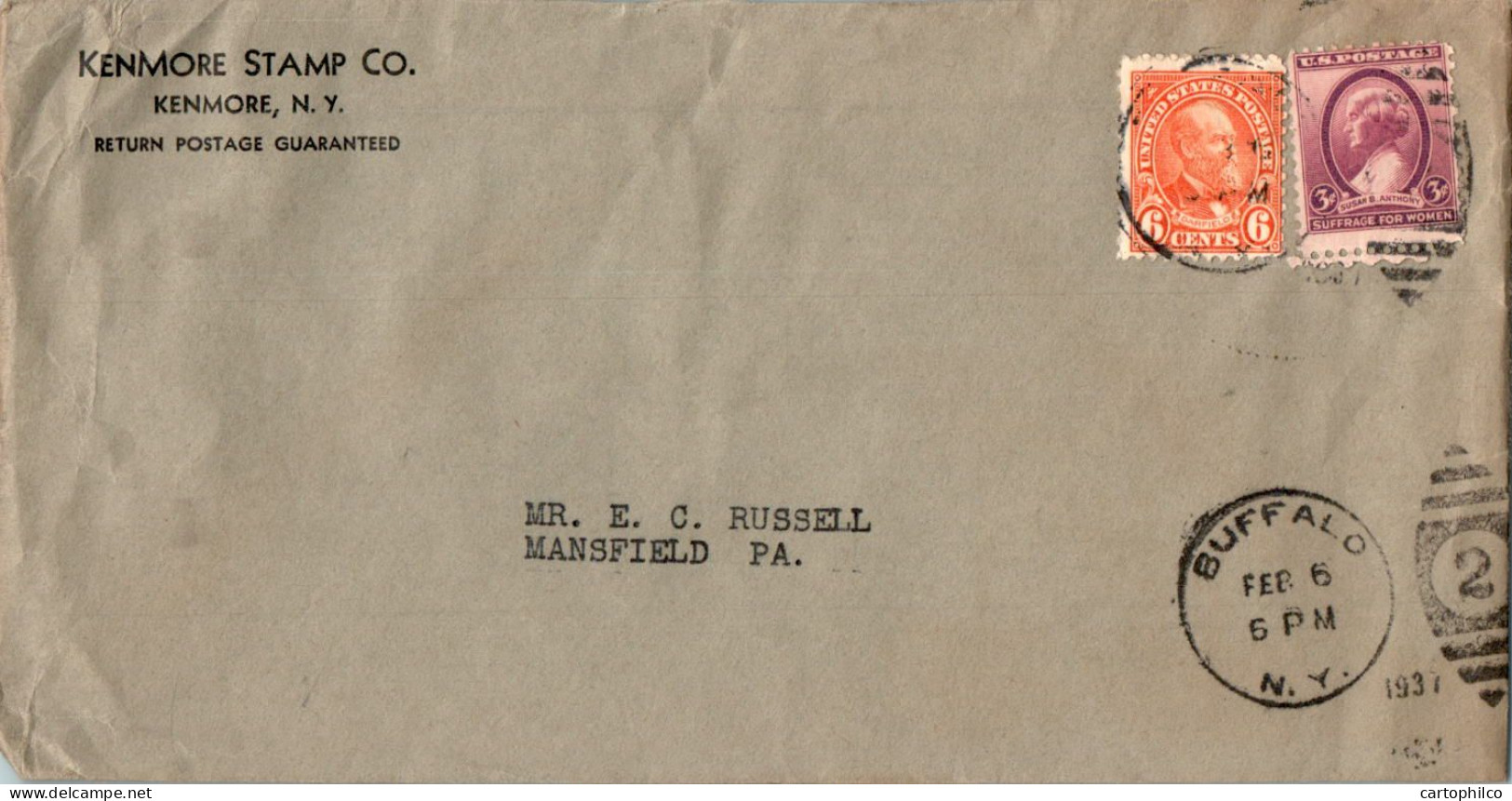 US Cover 6c +3c Suffrage For Women Kenmore Stamp For Mansfield PA Buffalo Cds - Briefe U. Dokumente