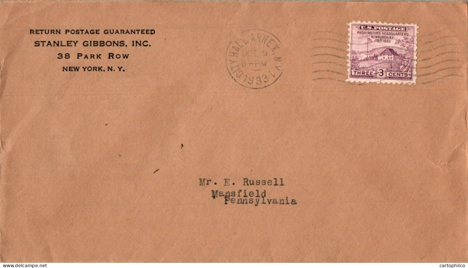 US Cover 3c 1933 City Hall Annew Stanley Gibbons  For Mansfield Tioga Penn - Lettres & Documents