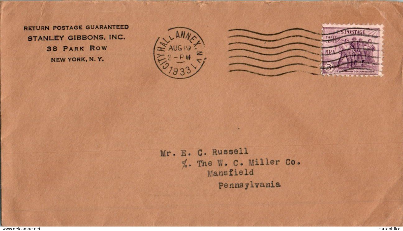 US Cover 3c 1933 City Hall Annew Stanley Gibbons  For Mansfield Tioga Penn - Lettres & Documents