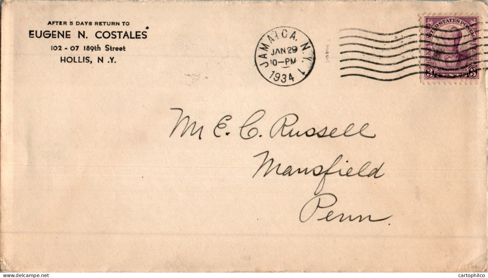 US Cover 3c 1934 Jamaica NY Hollis  For Mansfield Tioga Penn - Briefe U. Dokumente