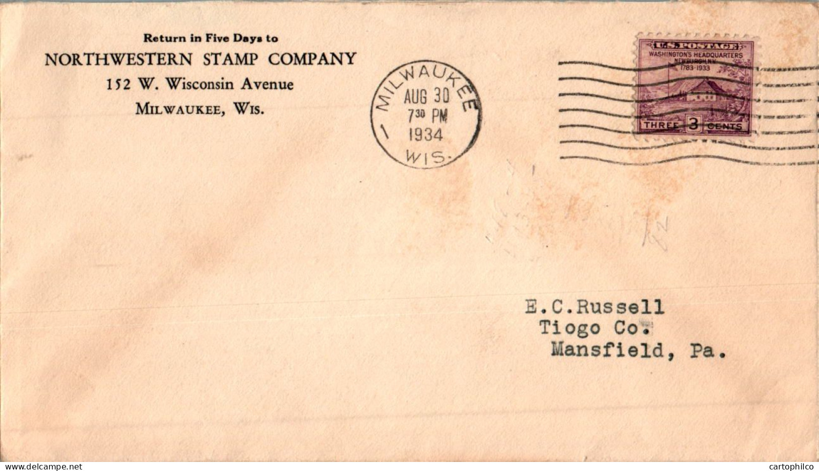 US Cover Washington Headquarter Milwaukee 1934  For Mansfield Tioga Penn - Briefe U. Dokumente