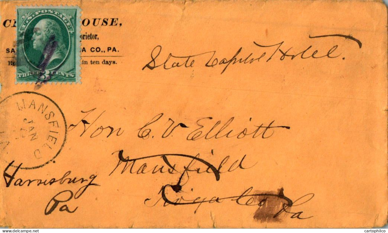 US Cover 3c  For Mansfield Tioga Penn - Lettres & Documents