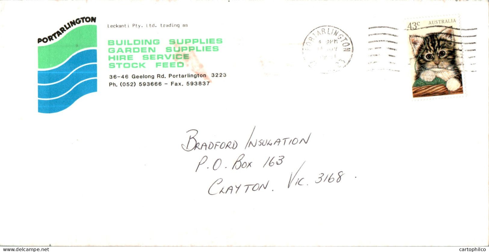 Australia Cover Cat Kitten Portalington Building Supplies To Clayton - Lettres & Documents