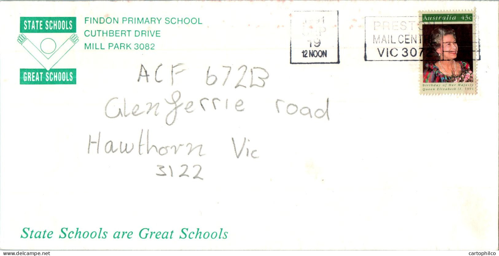 Australia Cover Queen Elizabeth Findon Primary School Mill Park For Hawthorn  - Storia Postale