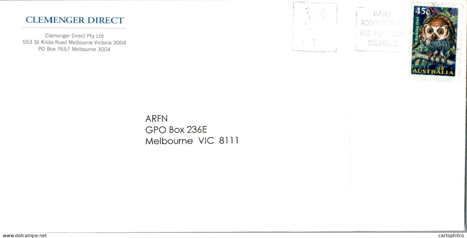 Australia Cover Owl Clemenger Direct To Melbourne - Briefe U. Dokumente