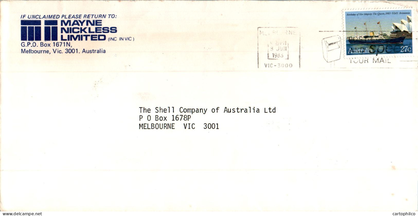 Australia Cover HMY Britannia Mayne Nickless  To Melbourne - Cartas & Documentos