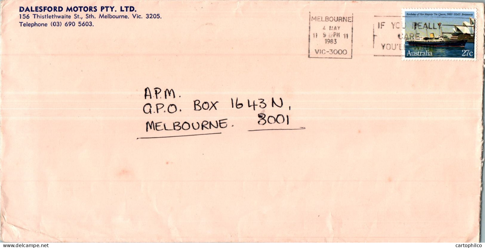 Australia Cover HMY Britannia Dalesford Motors  To Melbourne - Cartas & Documentos