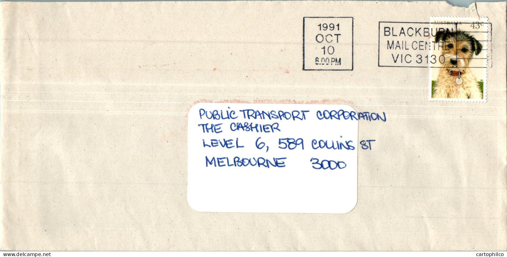 Australia Cover Dog Blackburn Mail Centre To Melbourne - Covers & Documents