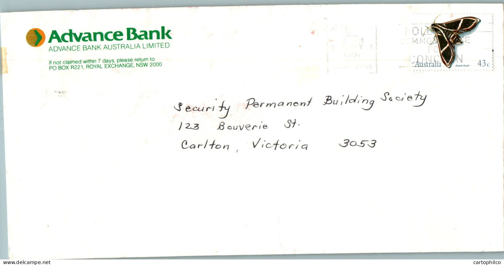 Australia Cover Butterfly Advance Bank To Carlton - Lettres & Documents