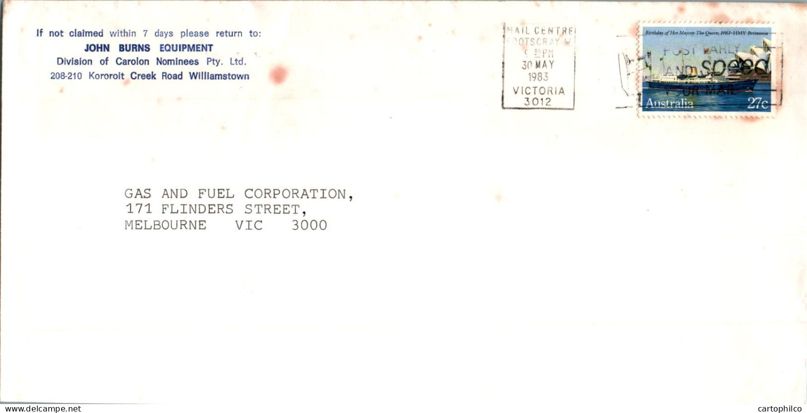 Australia Cover HMY Britannia John Burns Equipment  To Melbourne - Lettres & Documents