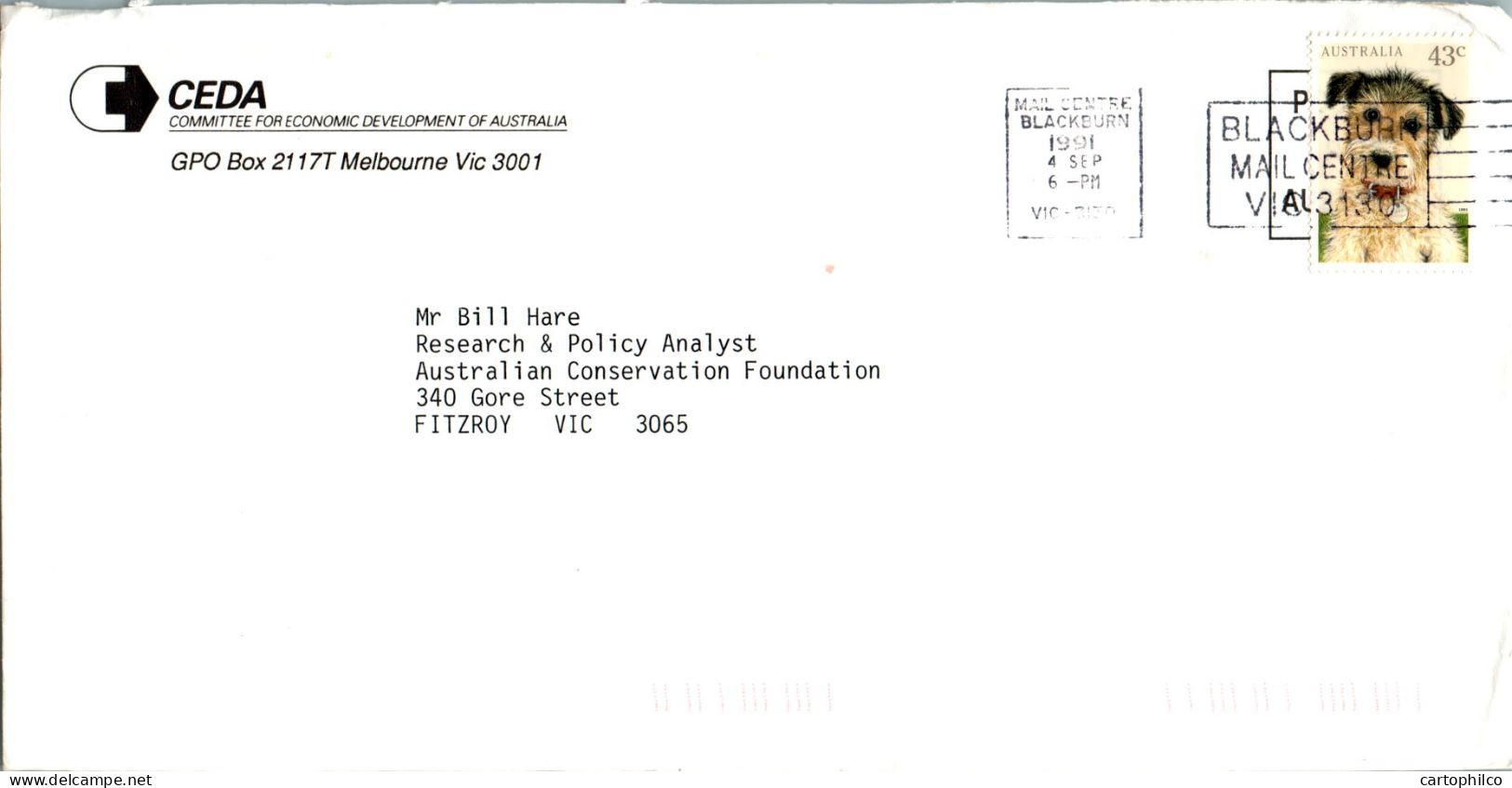 Australia Cover Dog Ceda Committee For Economic Development Of Australie To Fitzroy - Lettres & Documents