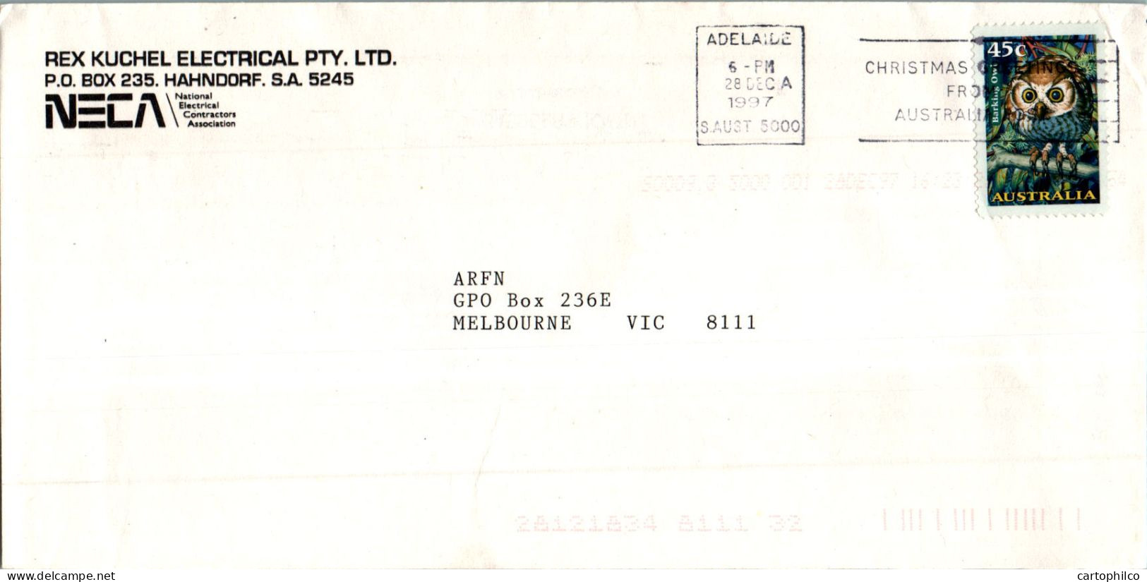 Australia Cover Owl Rex Kuchel Electrical Hahndorf  To Melbourne - Briefe U. Dokumente