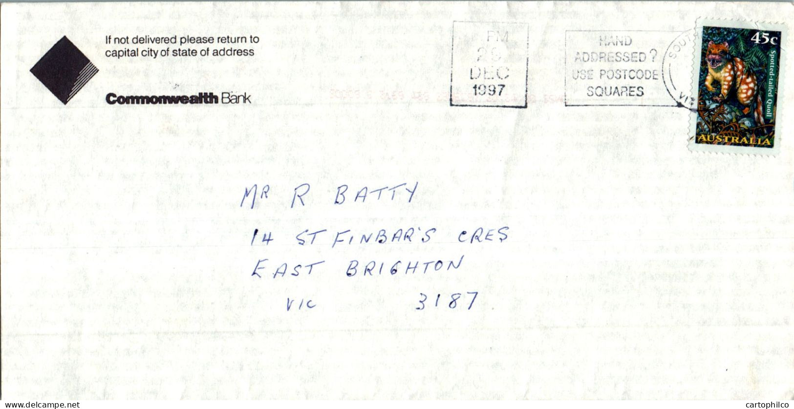 Australia Cover Quoll Commonwealth Bank To East Brighton - Lettres & Documents