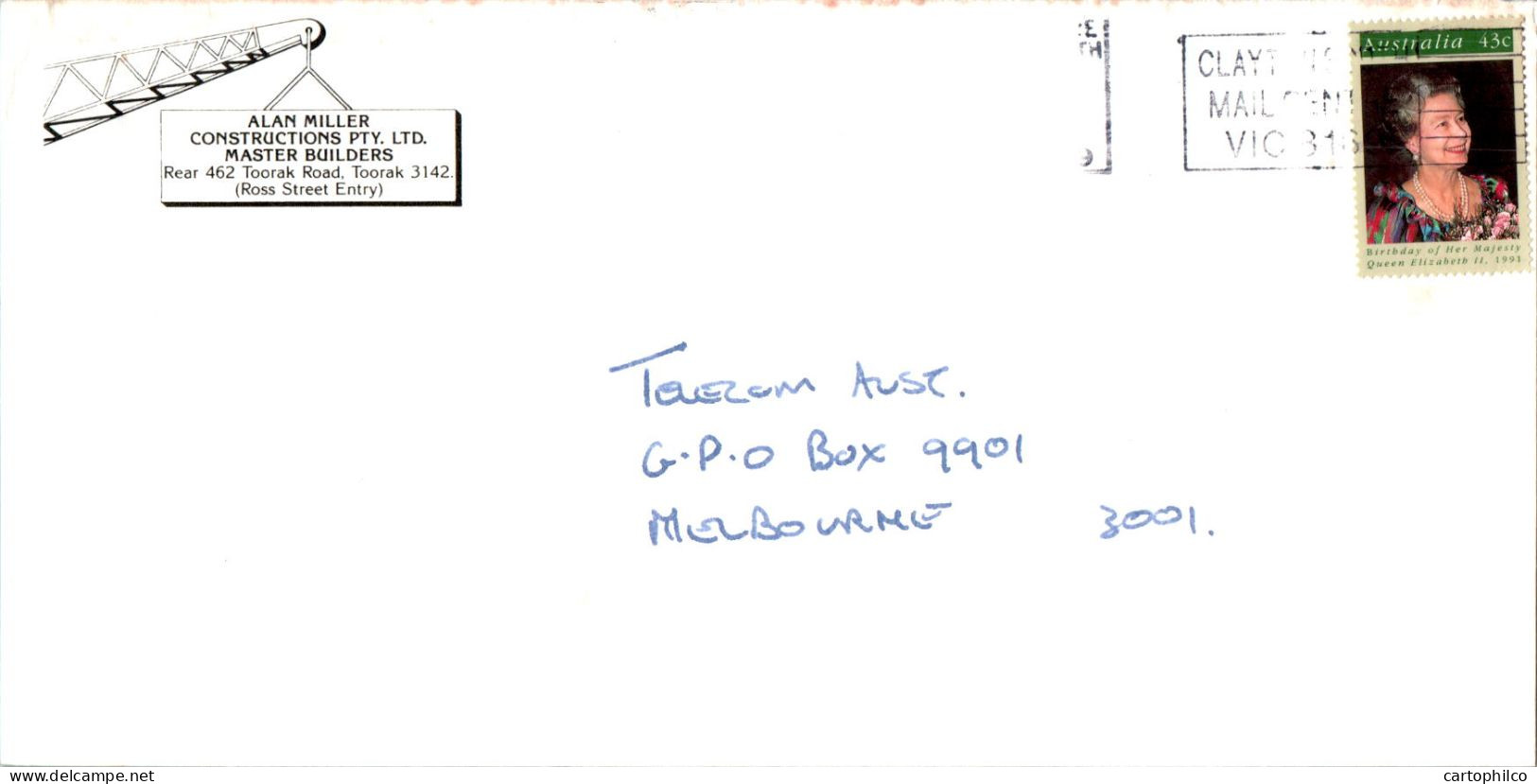 Australia Cover Queen Elizabeth Alan Miller Constructions To Melbourne - Lettres & Documents