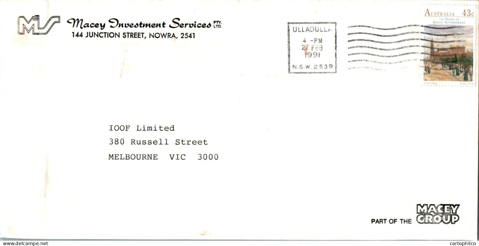 Australia Cover Turner Macey Investment Services  To Melbourne - Lettres & Documents