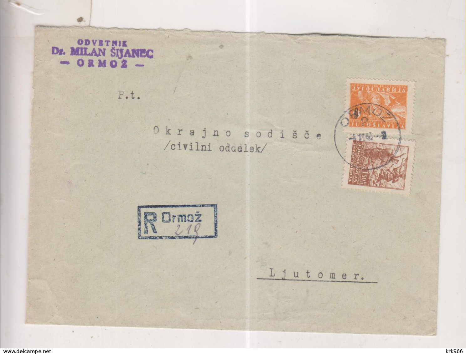YUGOSLAVIA,1946 ORMOZ Inice Registered Cover - Briefe U. Dokumente