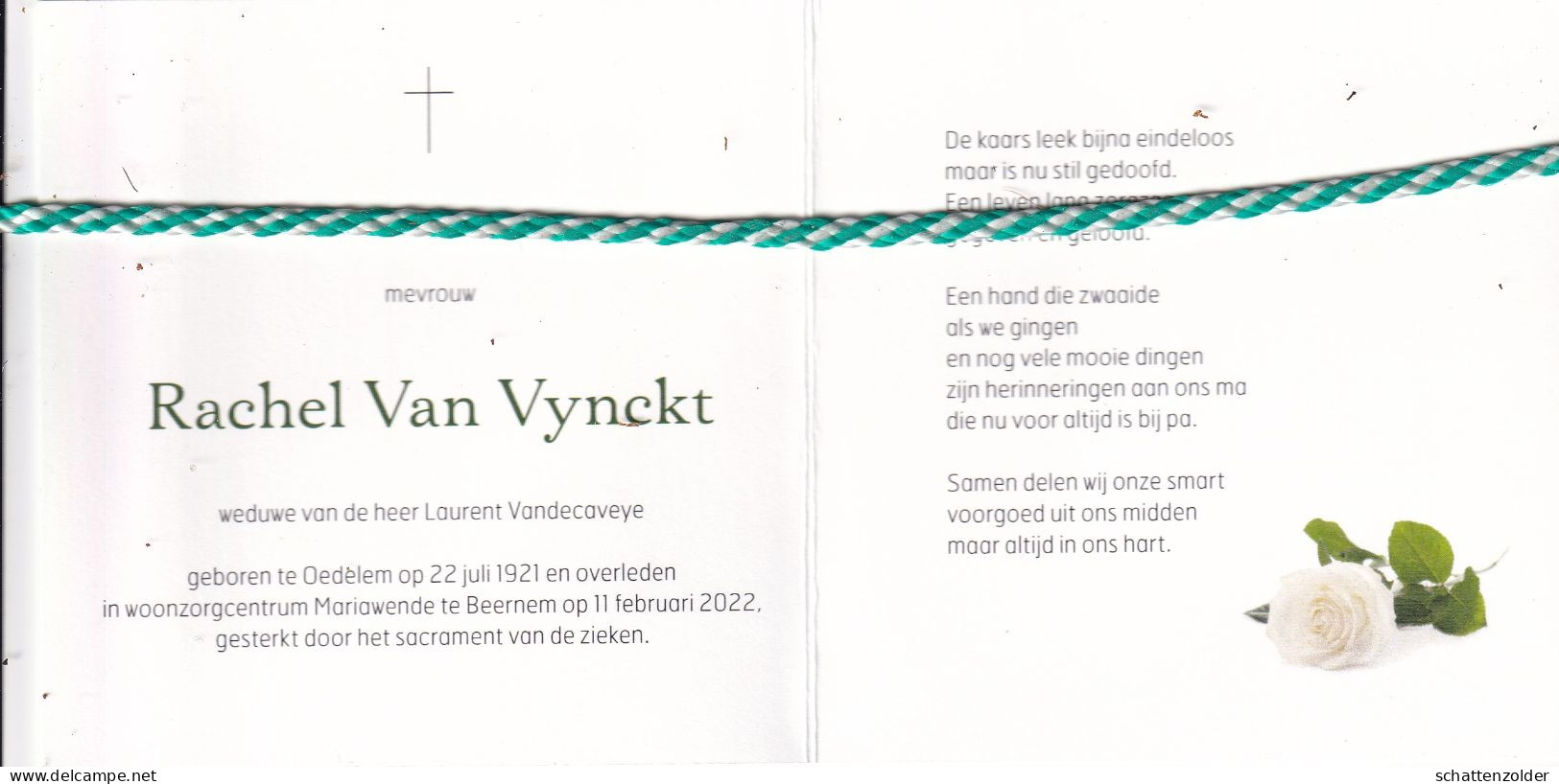 Rachel Van Vynckt-Vandecaveye, Oedelem 1921, Beernem 2022. Honderdjarige. Foto - Obituary Notices