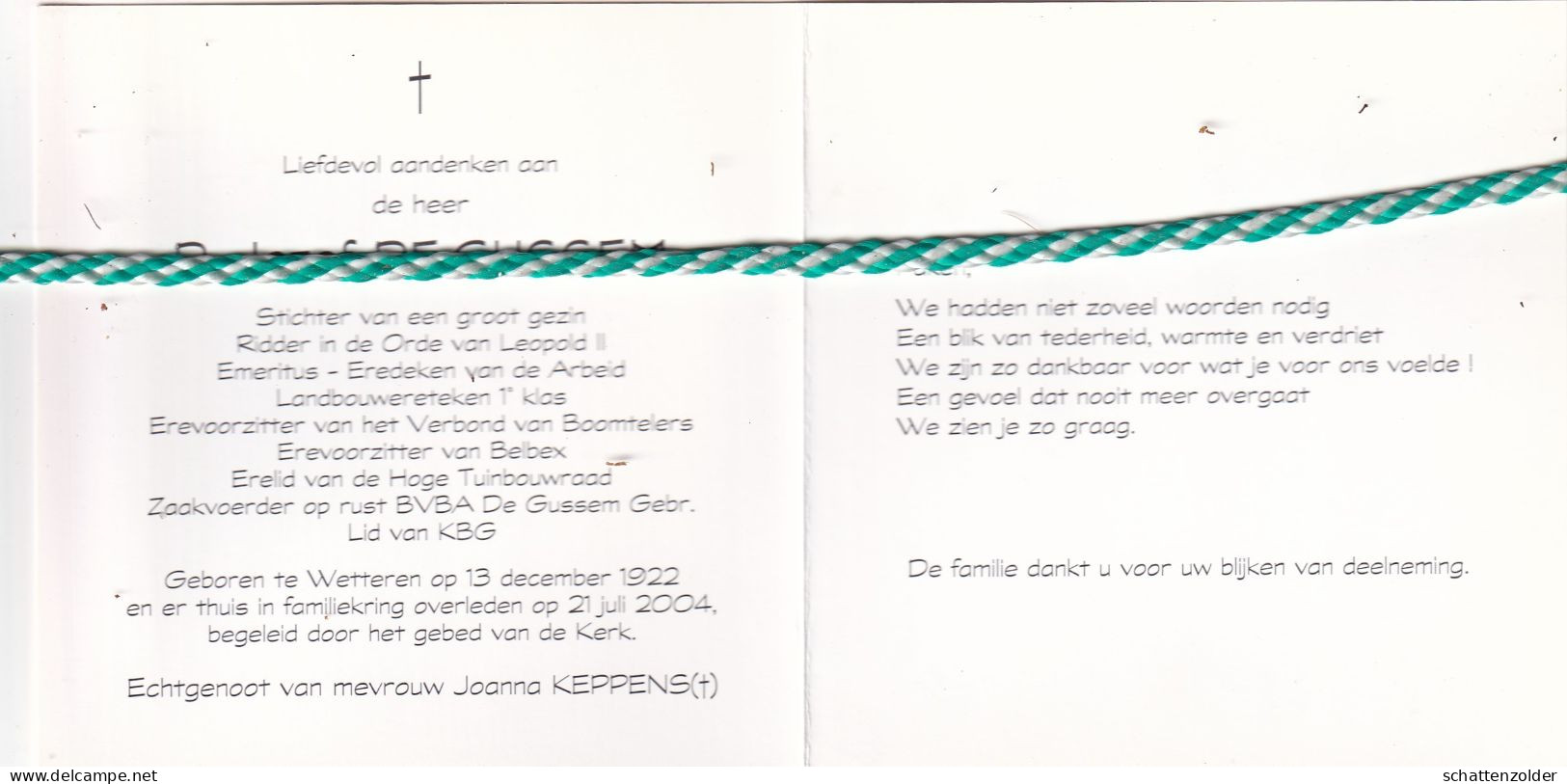 Jozef De Gussem-Keppens, Wetteren 1922, 2004. Foto - Décès